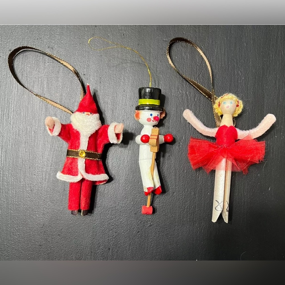 Vintage Handmade Ornaments 3 Christmas Holiday Clothespin Santa Dancer Snowman
